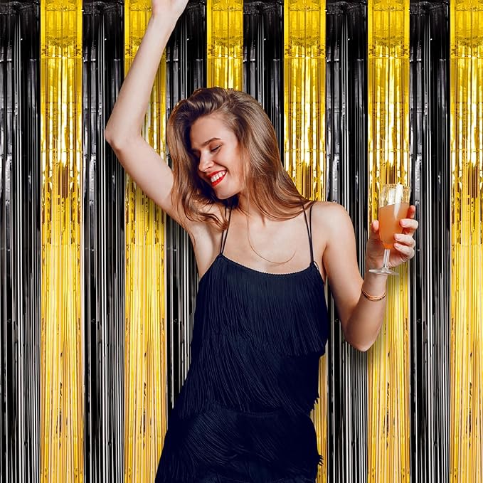 2 Pack Black and Gold Foil Fringe Backdrop Curtains, Tinsel Streamers Birthday Party Decorations, Fringe Backdrop for Graduation, Baby Shower, Gender Reveal, Disco Party