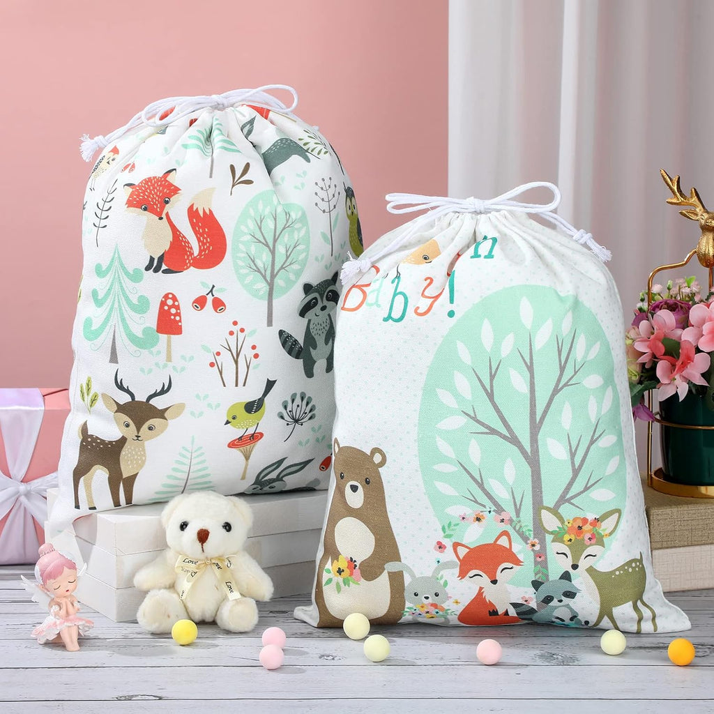 Shappy 2 Pcs Drawstring Fabric Gift Bags, Woodland Animal Reusable Gift Wrap, 15.75 x 11.81'' Large Bag for Baby Shower Party Favor Gender Reveal Birthday Party Supplies