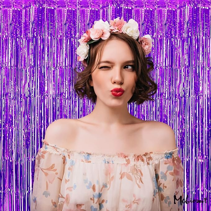 4 Pack Purple Fringe Curtain Backdrop, 3.2Ft x 6.6Ft Metallic Tinsel Foil Fringe Streamers Curtains Background for Photo Booth Birthday Wedding Baby Shower Party Thanksgiving Christmas Decorations