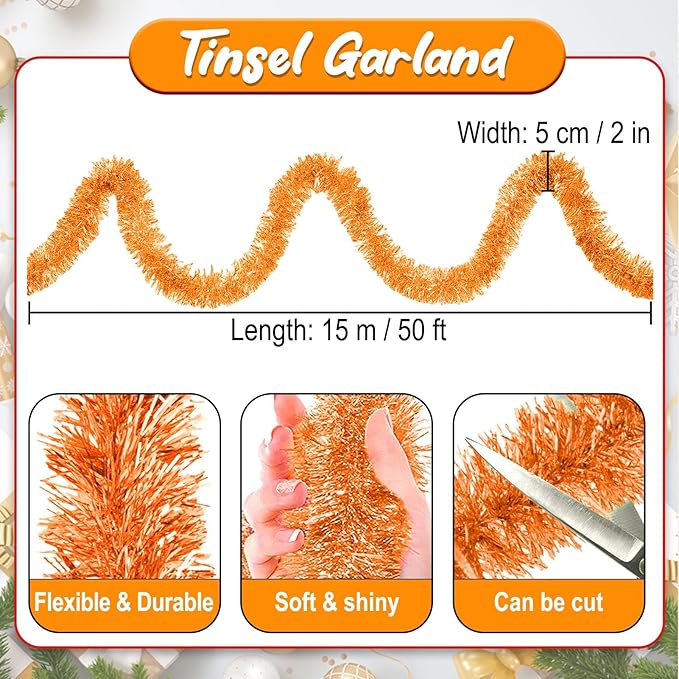 50 Feet Macaron Orange Christmas Tinsel Garland, Metallic Foil Twist Banner Wall Hanging Tinsel Streamers Backdrop for Parade Floats, Christmas, Mother's Day, Birthday Party Decorations(2in x 50ft)