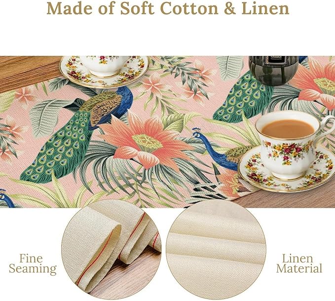 Peacock Table Runner,Pink Flower Peacock Birds Table Runner for Home Kitchen Dining Party Indoor Outdoor Decoration 13x36 Inch