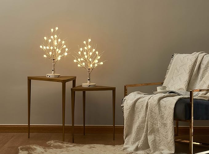 LITBLOOM 2 Sets Lighted Tabletop Birch Tree with Timer USB Plug-in or Battery Operated, Easter Tree Lights 18IN 24 LED for Wedding Party Christmas Table Decoration