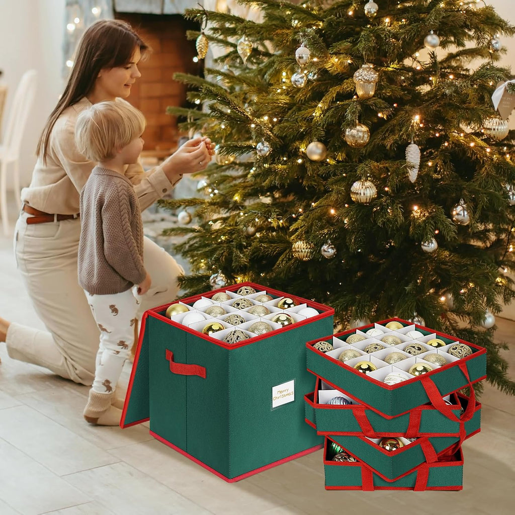 Christmas Ornament Storage Box Stores 64 Ornaments, with Adjustable Dividers, 4 Removable Trays, Dual Zippers, Non-Woven Christmas Ornament Organizer Holder, Christmas Ball Storage Container