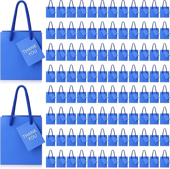 Sherr 100 Pack Mini Gift Bags Bulk, 4 x 2.75 x 4.5 Inches Paper Bags with Tags, Extra Small Paper Gift Boxes with Handles for Birthday, Party Favors, Weddings, Small Business(Blue)