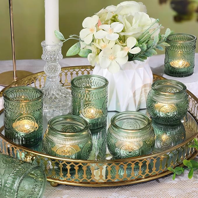 DARJEN 12Pcs Green Votive Candle Holders - Glass Tea Light Candle Holder for Wedding Shower, Candle Holder Bulks for Wedding & Home Table Decor, Vintage Parties Gifts