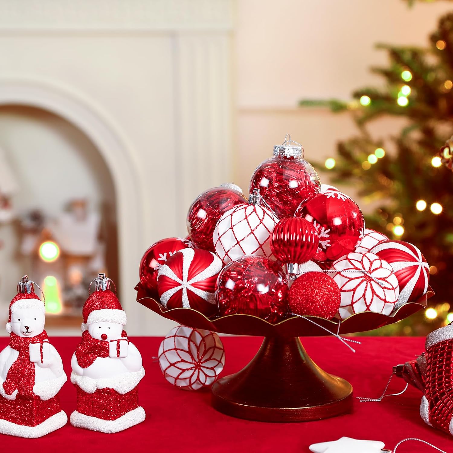 Alupssuc 112pcs Christmas Balls Ornaments Set, Shatterproof Plastic Baubles Christmas Penguin, Polar Bear for Xmas Tree Holiday Wedding Party Decorations with Hanging Strings, Red and White