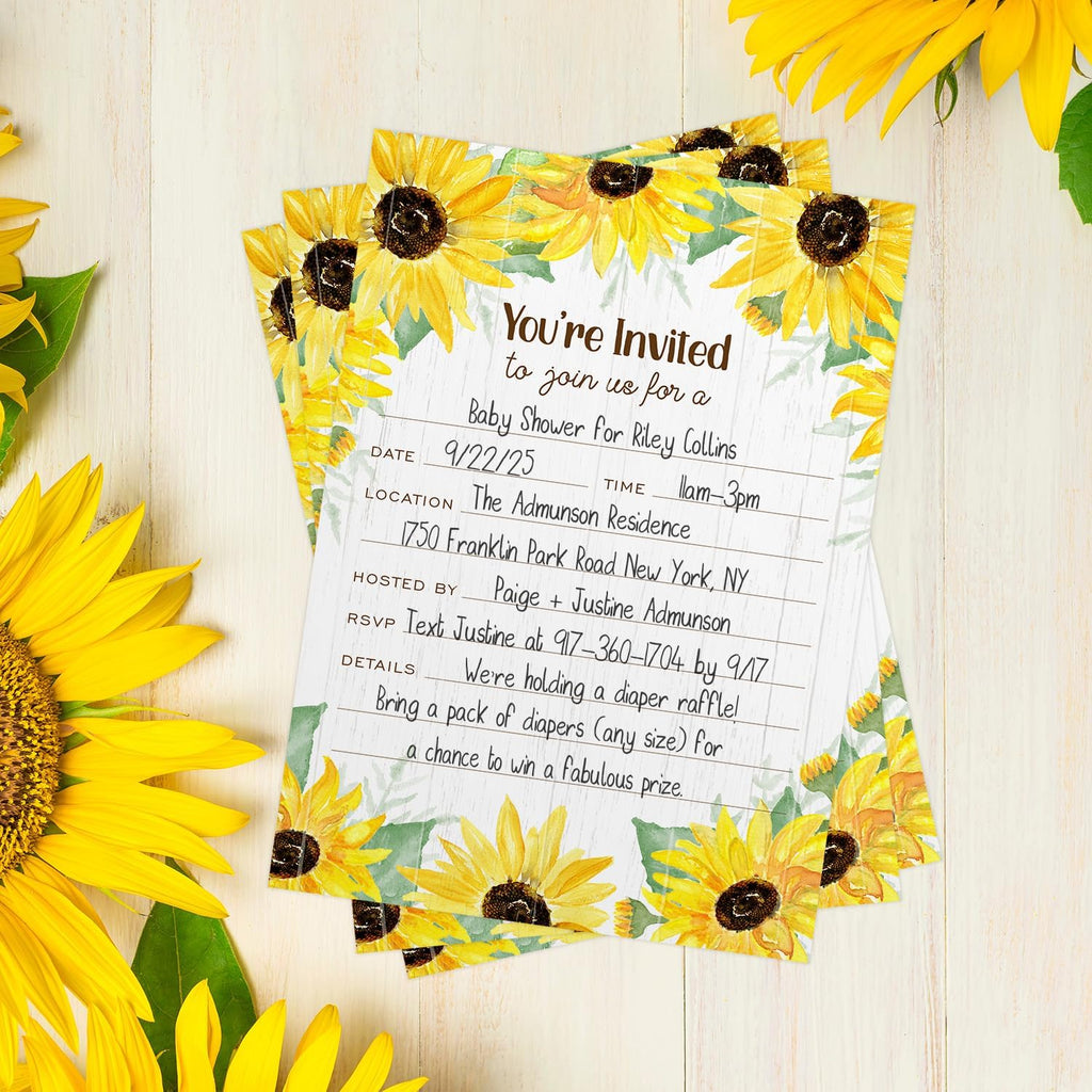 Canopy Street Sunflower Fill In Invitations / 25 Single Sided All Occasion Invites With White Envelopes / 5" x 7" Flat Rustic Floral Invite/Made In The USA
