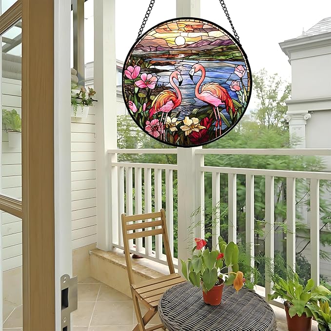 Stained Glass Window Hanging - Flamingo Wildflowers Landscape Suncatcher for Door Terrace Garden Home Decor Sunset Lake Sun Catcher Birthday Gifts for Lovers Women Men Dad Mom Nana 7.8 in