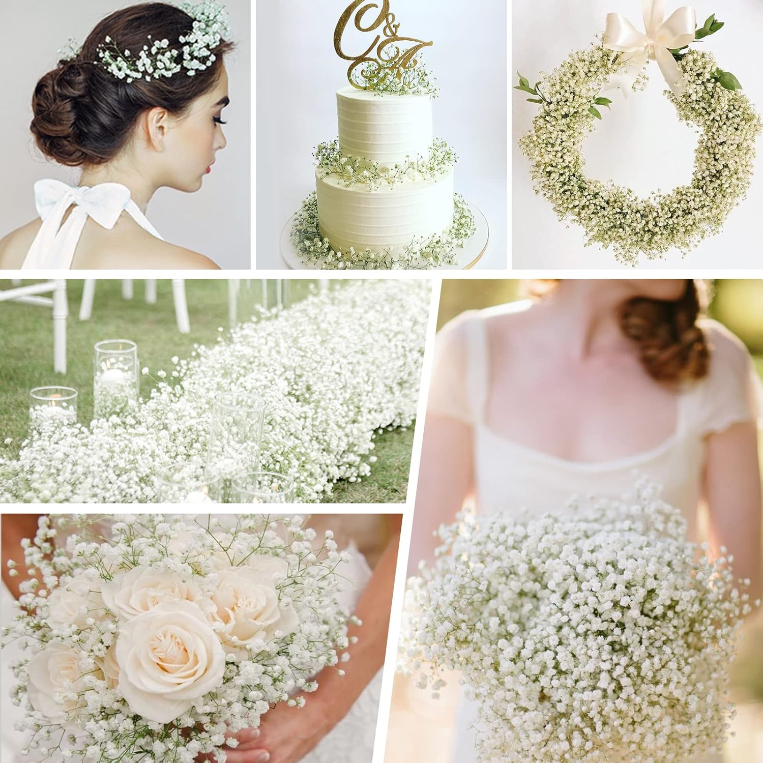 Yastouay Babys Breath Artificial Flowers, 6Pcs Fake White Babys Breath Flowers Artificial Bulk, Real Touch Faux Babies Breath Gypsophila Bouquet for Wedding Floral Arrangement Party Decor