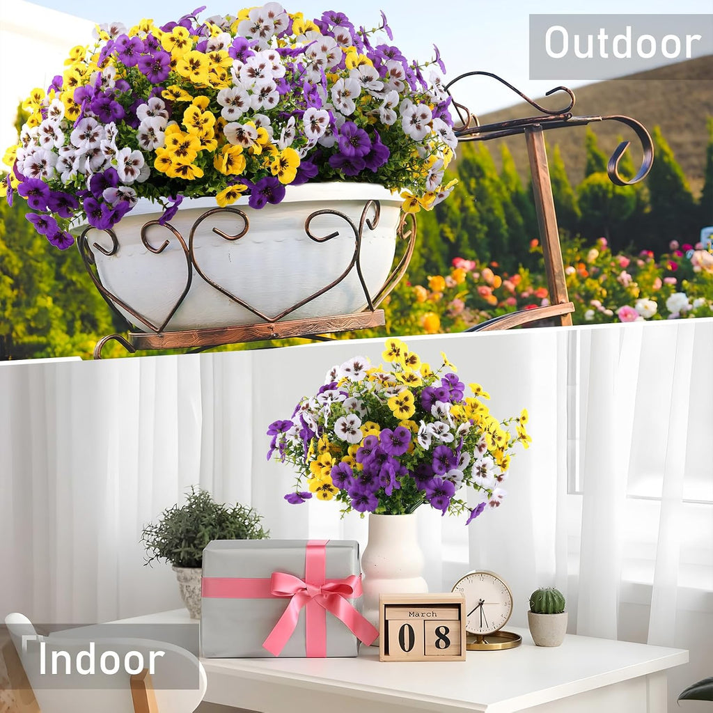Rowfad 18 Pcs Artificial Fake Pansy Flowers for Outdoor, Faux Silk Pansies Spring Flowers for Outside for Planter Front Door Porch Yard Patio Window Box Home Decor (18, Purple, Yellow, White)