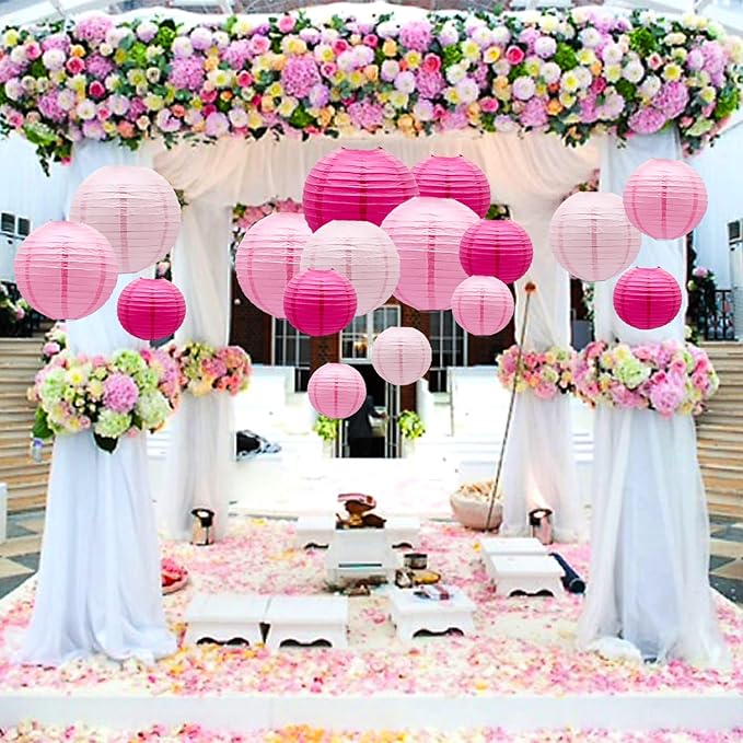 ADLKGG Pink Paper Lanterns Decorative, Hanging Round Paper Lanterns Indoor Outdoor for Graduation Wedding Birthday Baby Showers Decorations, 21pcs