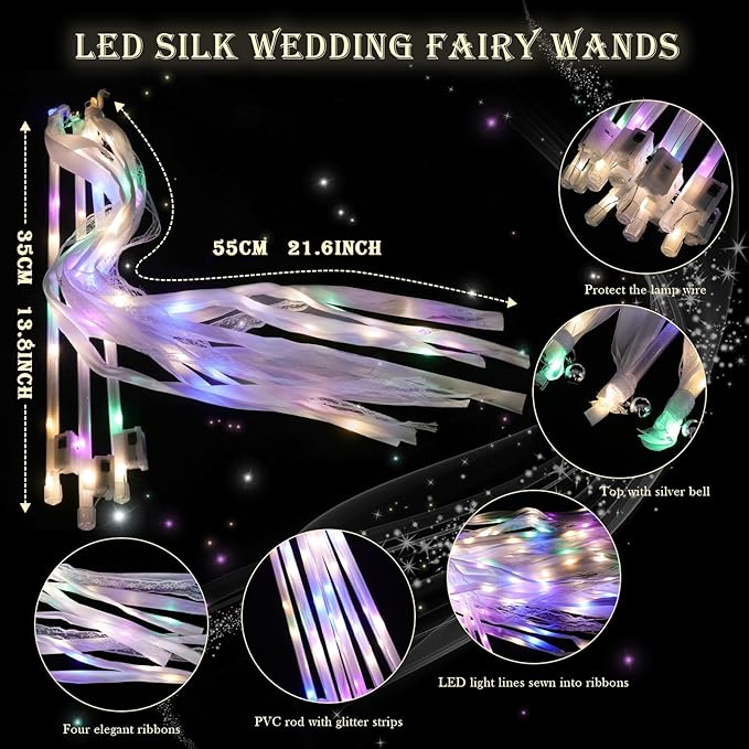 30 Pieces Light up Wedding Wands with Ribbons & Bells –LED Silk Wedd Fairy Wands Streamers with Warm White & Colorful Lights for Wedding Send Off Ideas, Parties, and Celebrations