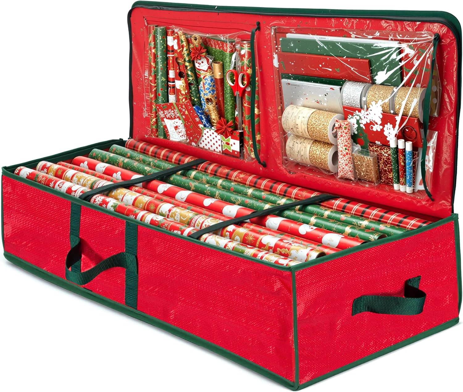 ZOBER Gift Wrapping Paper Organizer Storage - 40" Gift Wrap Storage Containers With Interior Pockets For Bows, Tags & Ribbons - Wrapping Paper Holder, Waterproof, Fits 24 Standard Rolls, Red