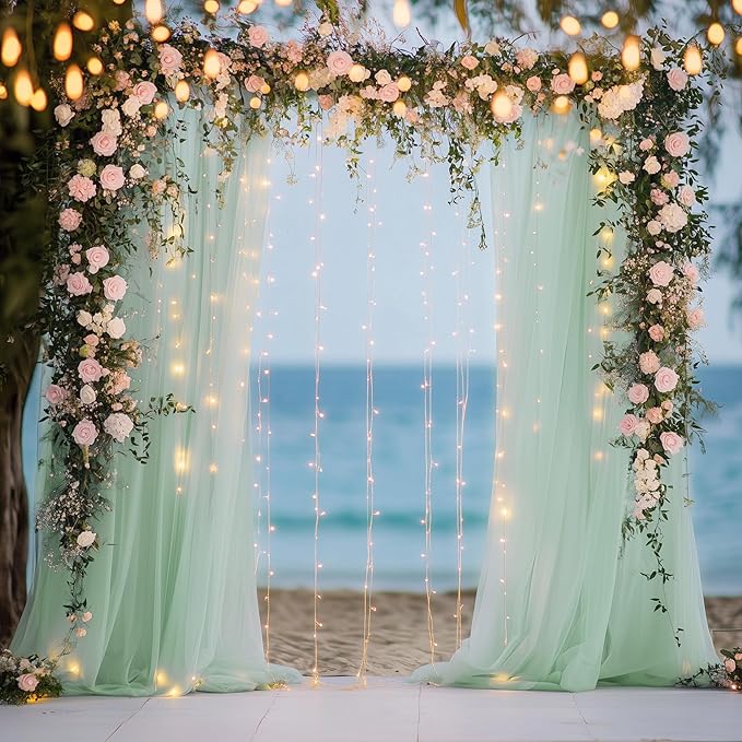 Tulle Backdrop Curtain with Lights String 10FT X 10FT Sage Green Sheer Tulle Backdrop Curtains for Wedding Birthday Party Reception Photo Booth Background Decorations (2 Panels 5x10FT)