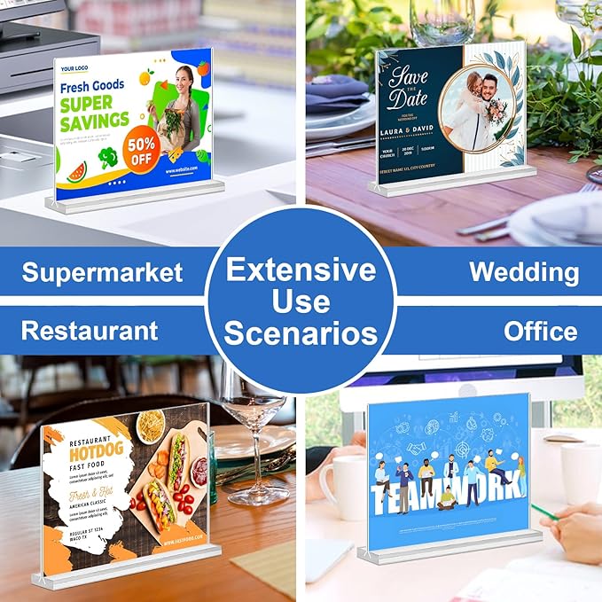 Acrylic Sign Holder 7x5, 6 Pack Clear Double Sided Table Menu Display Stand Suitable for Restaurants, Office, Store, Hotels