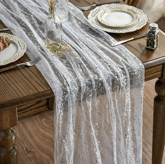 Artoid Mode 6Pcs White Silver Gauze Table Runner 120 Inch 10FT, Glitter Metallic Foil Sheer Dining Wedding Anniversary Holiday Birthday Table Decor for Home Party