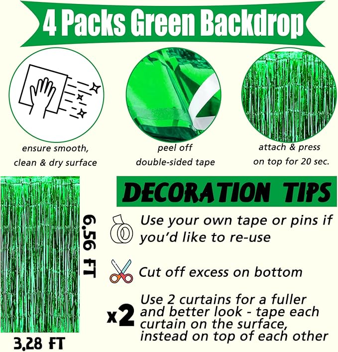4 Pack Green Fringe Curtain Backdrop, 3.2Ft x 6.6Ft Metallic Tinsel Foil Fringe Streamers Background for Photo Booth Birthday Wedding Baby Shower Carnival Easter Mother’s Day Party Decorations