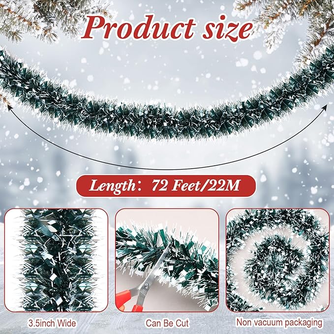 72 Feet Christmas Tinsel Garland Shiny Metallic Tinsel Twist Garland Streamers Ornaments Long Glitter Christmas Tree Hanging Decorations for Party Holiday Wedding Birthday Tree (Dark Green, Black)