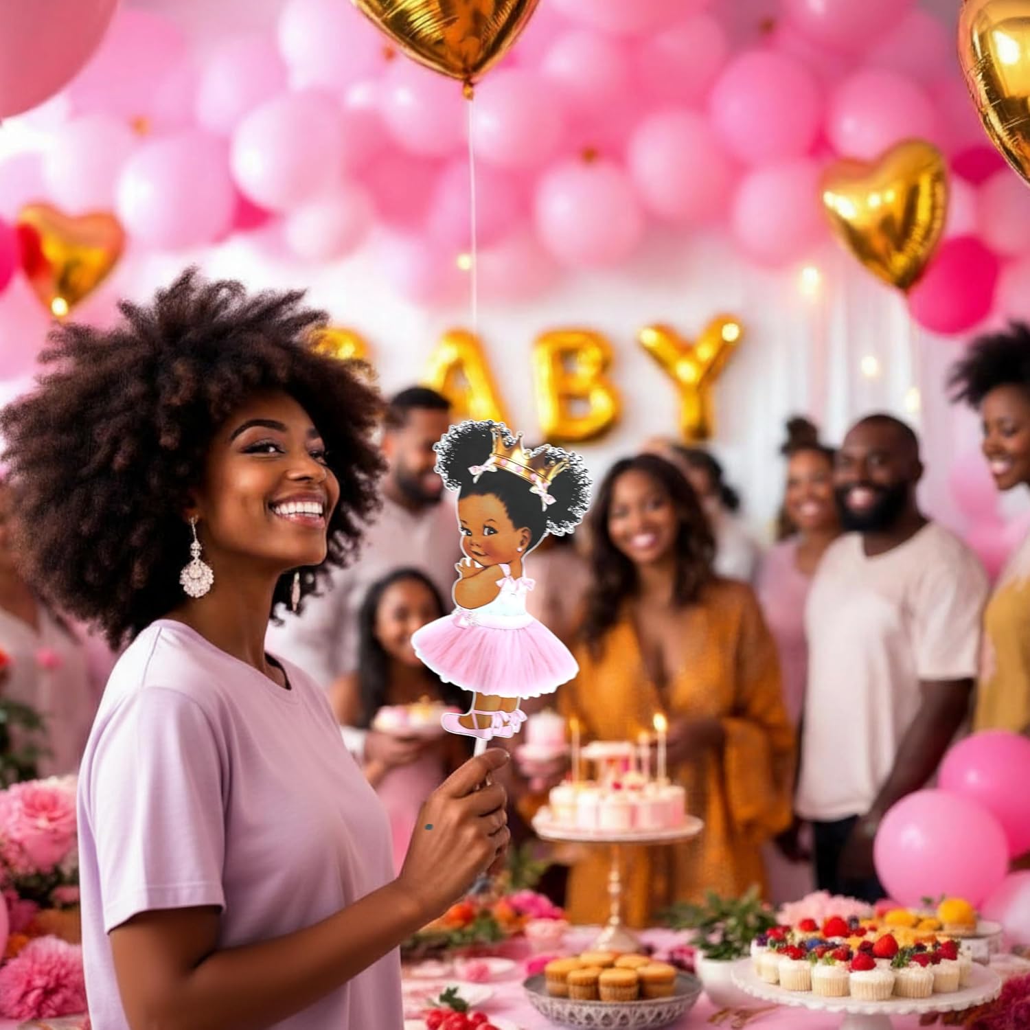 Little Princess Centerpieces Baby Shower Table Decoration 10 inches Pink Gold African American Black Royal Birthday Cake Topper (4)
