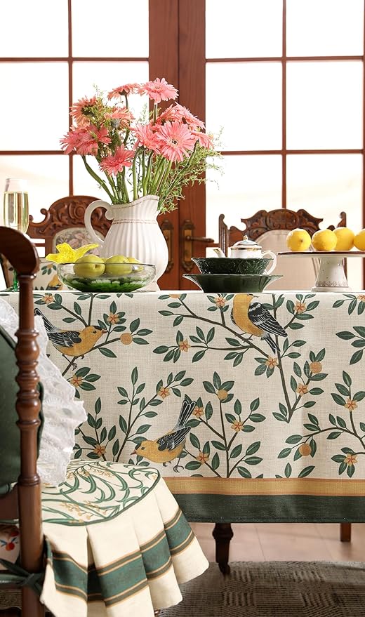 patdrea Designer French Table Cloth for Rectangle Table,Vintage Green Linen Birds and Leaves Pattern Tablecloths,Dacorative Cover Kitchen Dining,Christmas,Thanksgiving,Party,63"x102"-Warbler