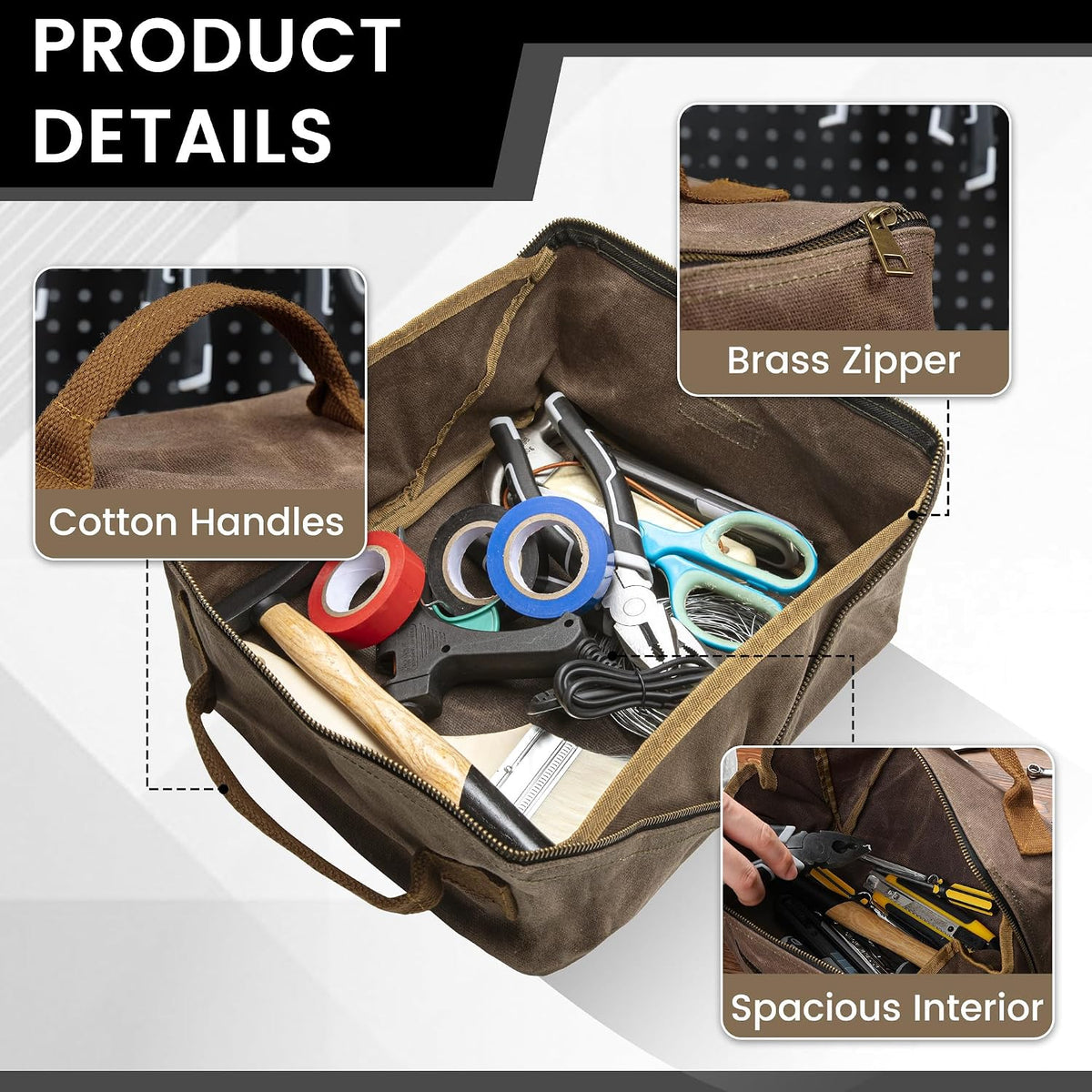 Canvas Tool Bag, Zippered Tool Pouch with Handle, 16 OZ Waxed Canvas Tool Sto...