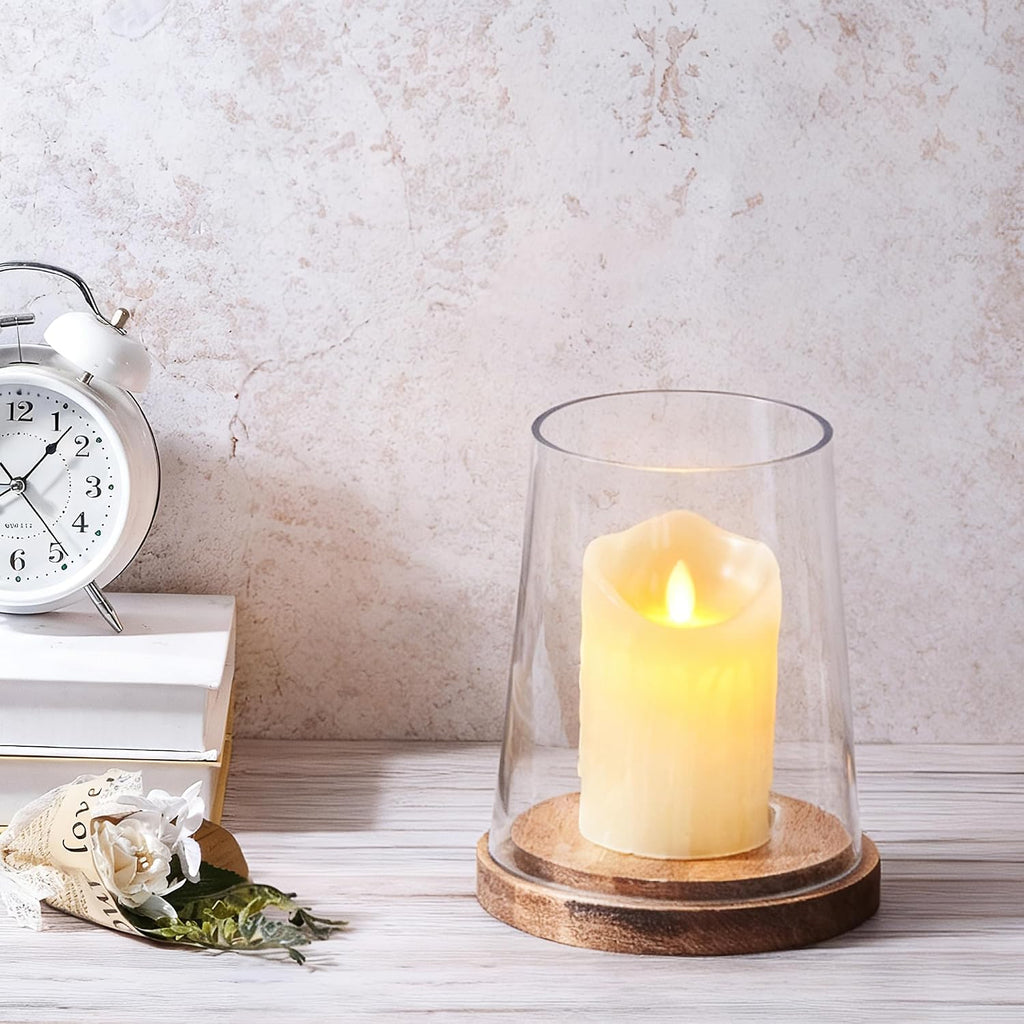 6" Wide Glass Hurricane Candle Holders with Handmade Sturdy Glass Sleeves and Vintage Natural Wood Base for Pillar Candle & Plants, Industrial, Farmhouse, Display Cloche Bell Jars, Table Centerpiece