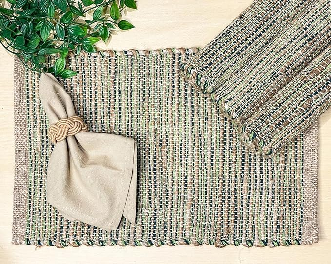 Chardin Home Natural Jute & Green Placemats, Set of 4 – Rustic Handmade Boho Table Mats, 13x19 Inch Dining Table Placemats for Kitchen, Everyday Meals, Holidays, Farmhouse or Modern Table Décor