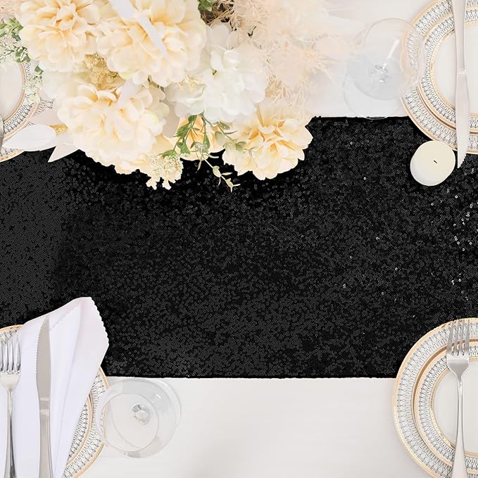 SoarDream Black Table Runner 10 Packs 12x72 Inches Sequin Metallic Fabric Glitter Table Runner for Party Birthday Holiday Event Supplies Decorations