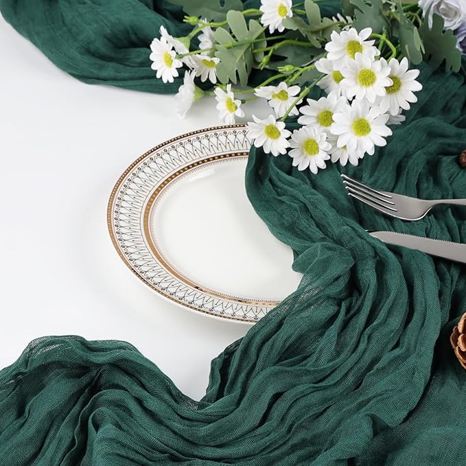 12 Pack Emerald Green Cheesecloth Christmas Table Runner 10ft Boho Gauze Fabric Cheese Cloth Table Runner 35 x 120 Inch Rustic Sheer for Wedding Decor Baby Shower Party Table Centerpiece Decoration