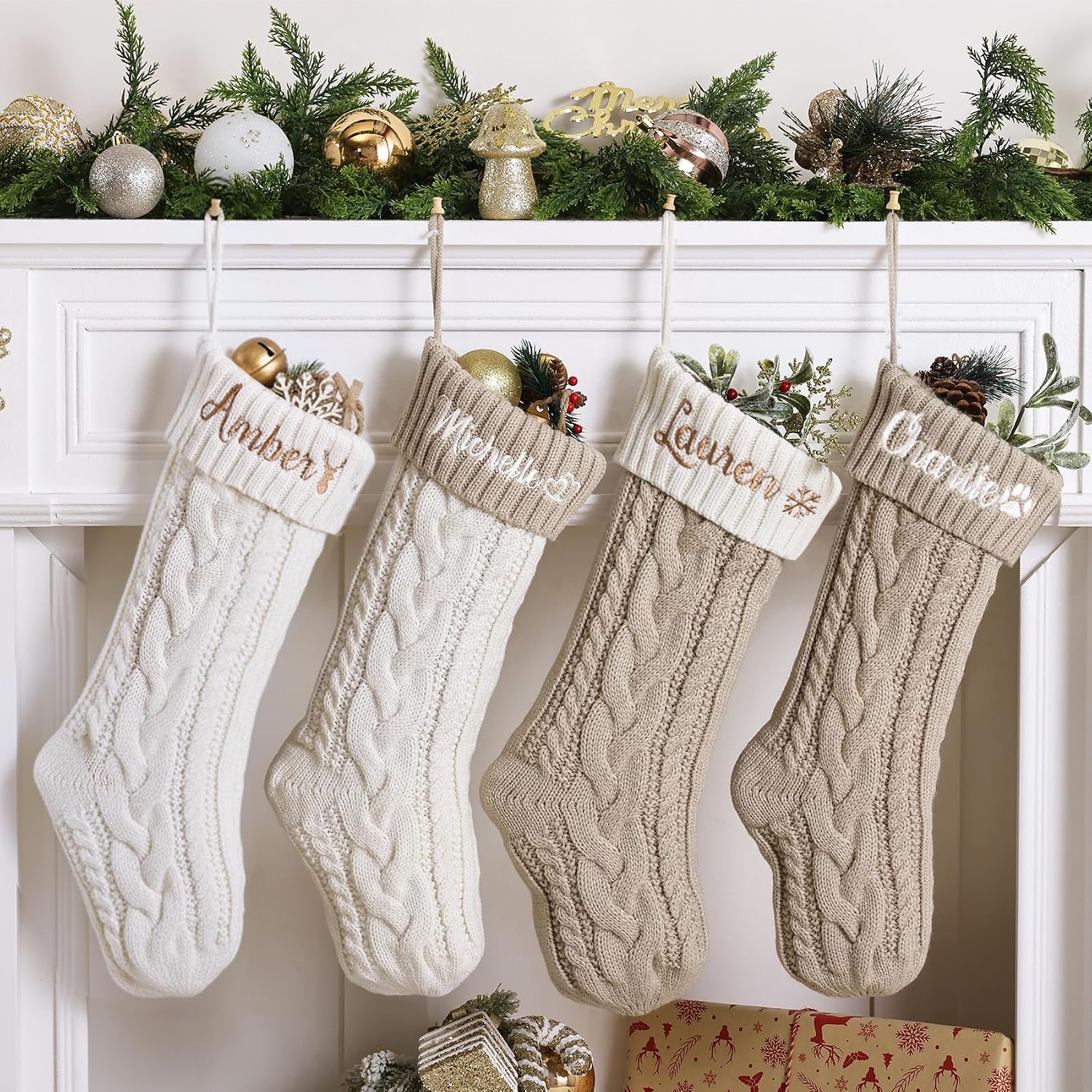 ELEGANTPARK Personalized Christmas Stockings 1 Pack Knit Christmas Stockings with Embroidered Names Red Green White Xmas Decoration for Fireplace Hanging Holiday Decoration for Family Kids 18 Inch