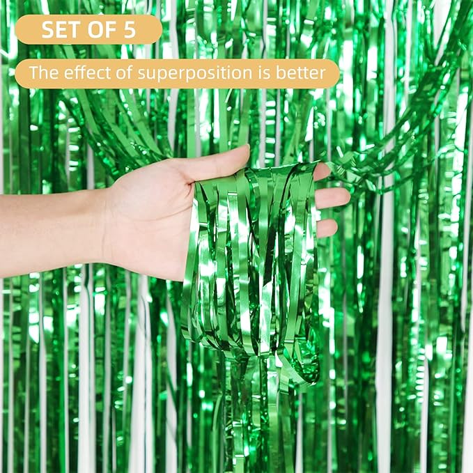 5 Pack Green Foil Curtain Backdrop 3.2ft x 9.8ft Metallic Tinsel Foil Fringe Curtains Streamer Photo Booth Backdrop for Birthday Party Engagement Bachelorette Party Decorations (Green)