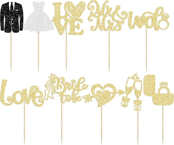 Ephlyn 30Pcs Bride to be Cupcake Toppers Glitter Diamond Ring Love I Do Cupcake Picks for Miss to Mrs Bridal Shower Wedding Engagement Bachelorette Cupcake Decorations Party Supplies Gold