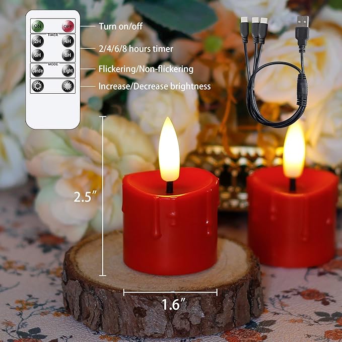 Rechargeable Flameless 1.6" x2.5" Tea Light Candles with Remote & Type-C Charging Cable, Timer LED Flickering Burgundy Plastic 9pcs Mini Dripping Wax Votive Tealight Candles