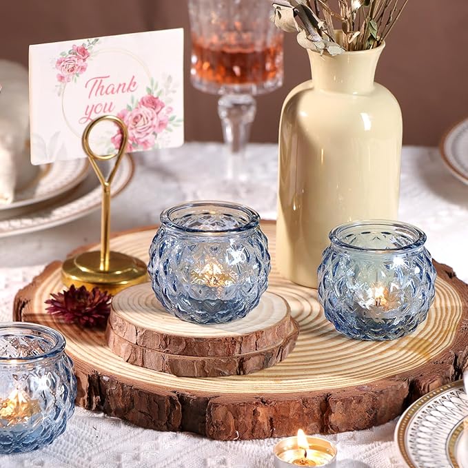 DARJEN 48Pcs Blue Round Candle Holders - Bulk Glass Candle Holders for Vintage Decoration, Tea Lights for Wedding Shower, Party & Gift