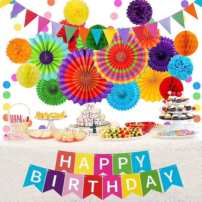 Colorful Birthday Decorations - Mexican Fiesta Party Decorations with Happy Birthday Banner, Paper Fans, Paper Pom Poms,Dots Garland, Pennant Banner, Honeycomb Balls Packs