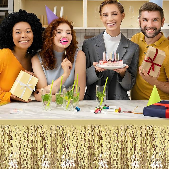 6 Pack 29x108 Inch Light Gold Wave Foil Fringe Table Skirts Metallic Banner for Tinsel Streamer Garland Backdrop for Parade Floats Wedding, Mother's Day, Birthday Mardi Gras Party Decorations