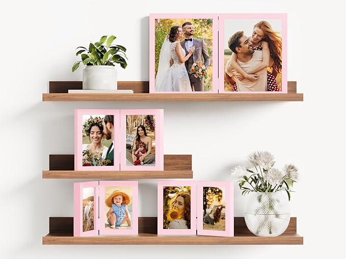 decorUhome Double 4x6 Picture Frame Vertical, Engineered Wood Bifold Photo Frame with Plexiglass for Tabletop Display, 4x6, Pink