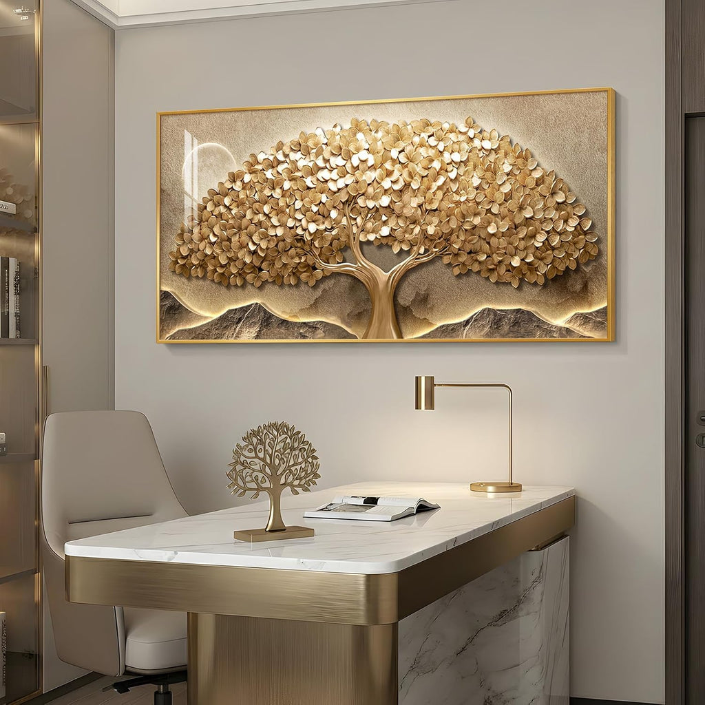 large framed modern gold tree of life wall shown in use