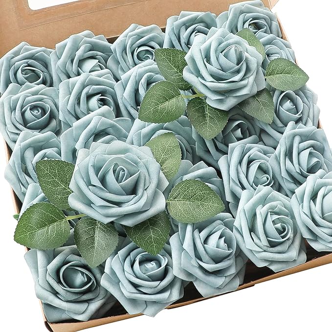 Floroom Artificial Flowers 25pcs Real Looking Dusty Blue Foam Fake Roses with Stems for DIY Wedding Bouquets Bridal Shower Centerpieces Floral Arrangements Party Tables Home Decorations