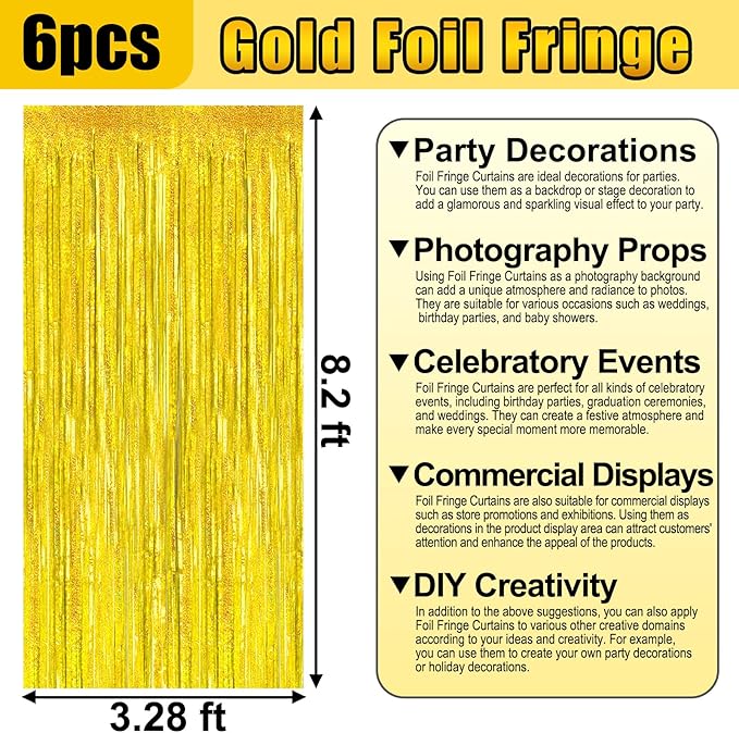 6 Pack Gold Foil Fringe Curtain Backdrop, 3.28Ft x 8.2Ft Metallic Tinsel Foil Fringe Streamer Curtains for Photo Booth, Birthday, Wedding, New Year Party Decorations
