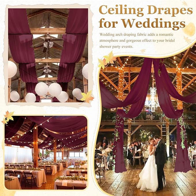 MODFUNS Burgundy Ceiling Drapes for Weddings 5FTx20FT 2 Panels Sheer Wedding Arch Draping Chiffon Fabric Ceiling Drapery Arbor Archway Drapes Tulle Curtains for Ceremony Swag Wedding Decorations