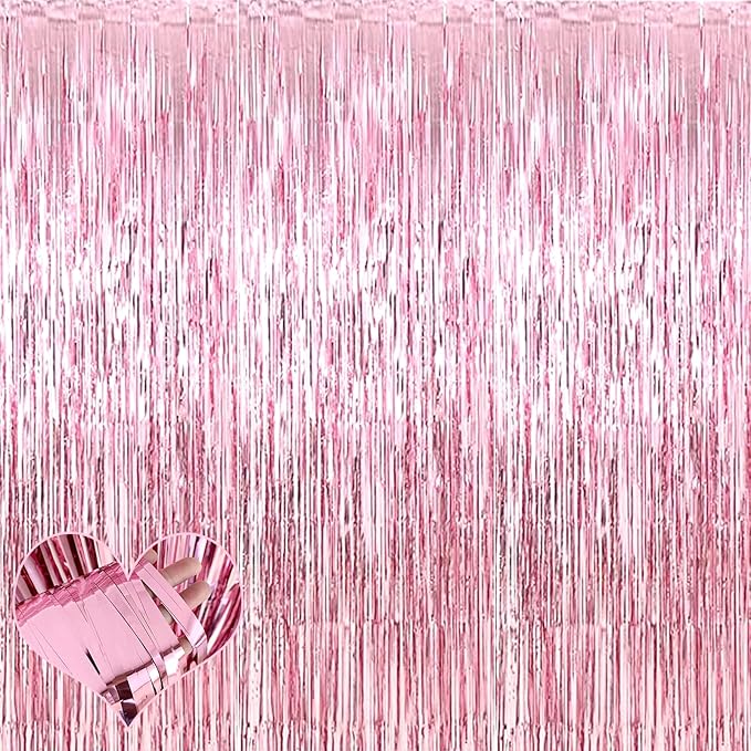 4 Pack Pink Fringe Curtain Backdrop, 3.2Ft x 6.6Ft Metallic Tinsel Foil Fringe Streamers Background for Photo Booth Birthday Wedding Baby Shower Carnival Easter Mother’s Day Party Decorations