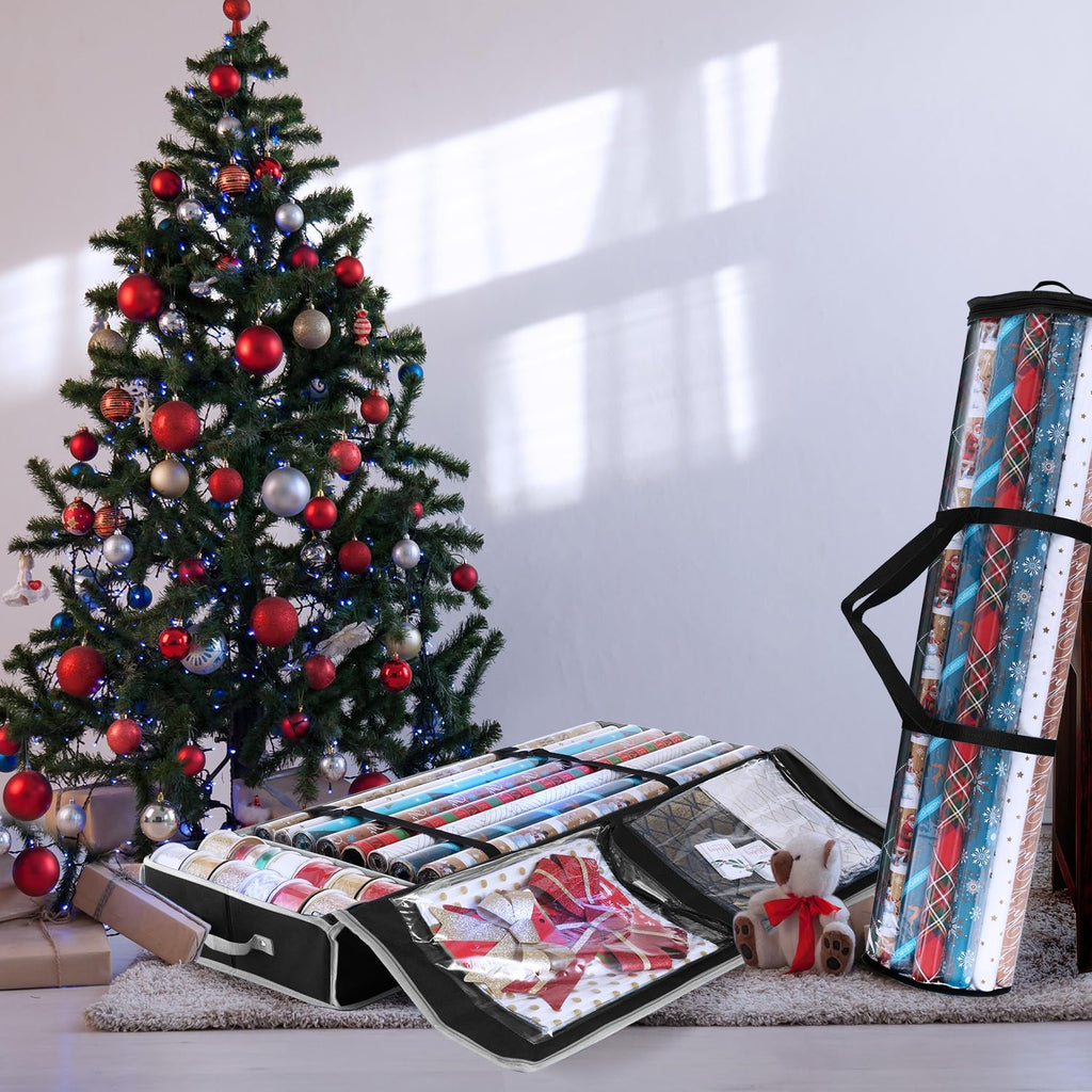 Hearth & Harbor Wrapping Paper Storage Container and Clear Wrap Paper Holder - Christmas Storage Bag with Interior Pockets - Fits Up to 36 Rolls of 40" - Tear Proof, Black