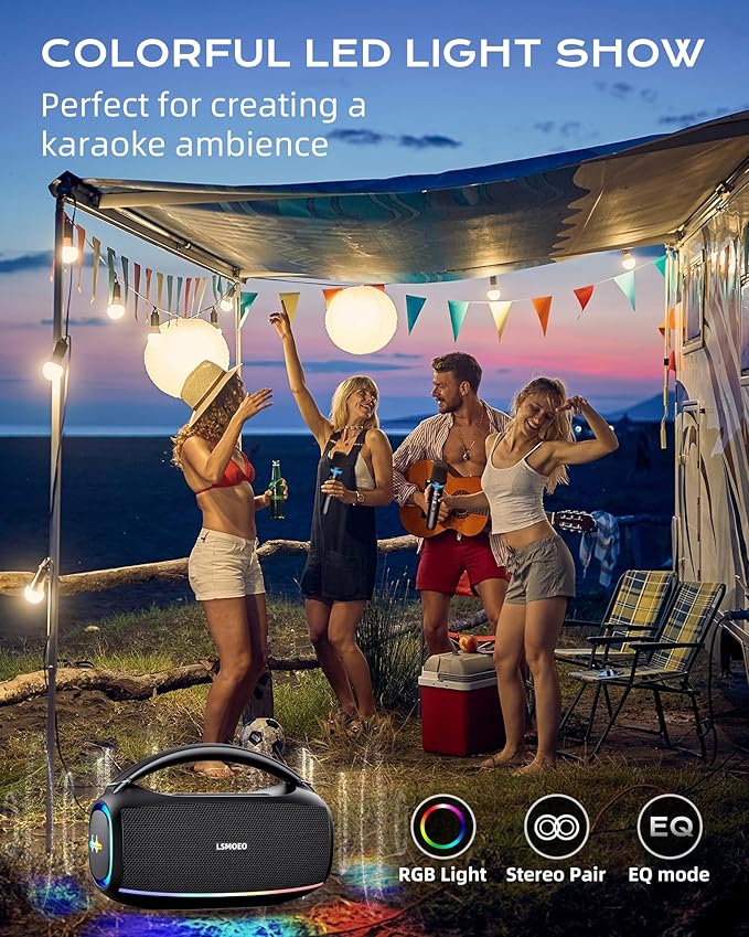Karaoke Machine,IPX5 Waterproof Portable Bluetooth 5.3 Speaker with 2 Wireless Microphones for Adults & Kids,60W PA System Supports TWS/TF Card/USB/AUX/Live for Home Party-Black