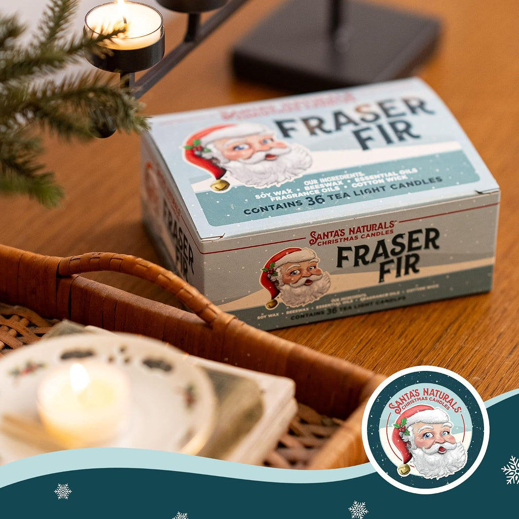 Santa's Naturals Fraser Fir Christmas Tea Light Candles, Pack of 12 | Soy & beeswax blend candles with fresh fir, cedar & cypress scent; up to 4-hour burn time each