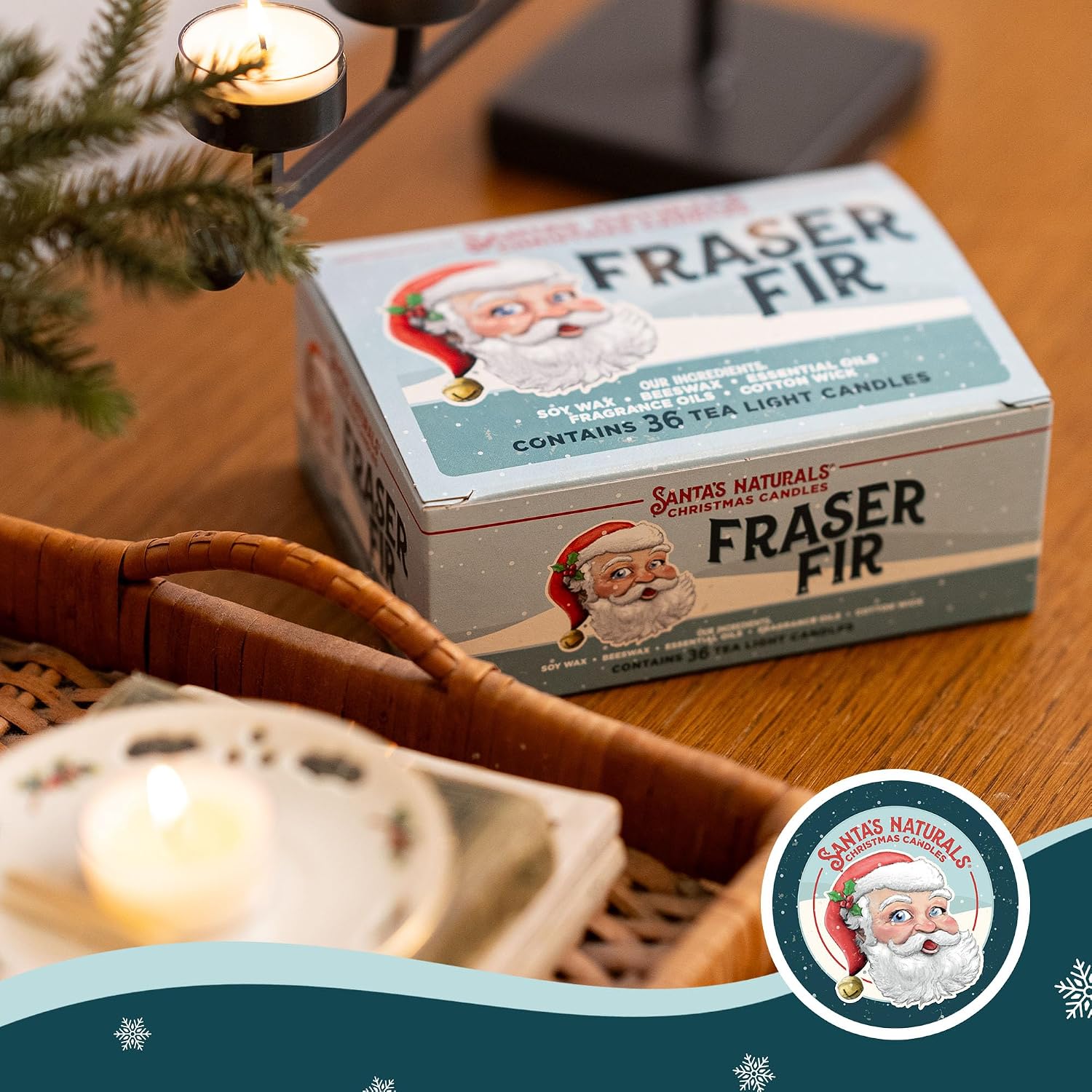 Santa's Naturals Fraser Fir Christmas Tea Light Candles, Pack of 12 | Soy & beeswax blend candles with fresh fir, cedar & cypress scent; up to 4-hour burn time each