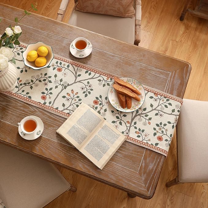 ISAENNE Designer Elegant Linen Floral Table Runner 87 Inches Long,Farmhouse Light Beige Durable Decor Table Runners for Dining Tables,Thanksgiving,Kitchen Tables,Christmas,12"*87"-Flora A
