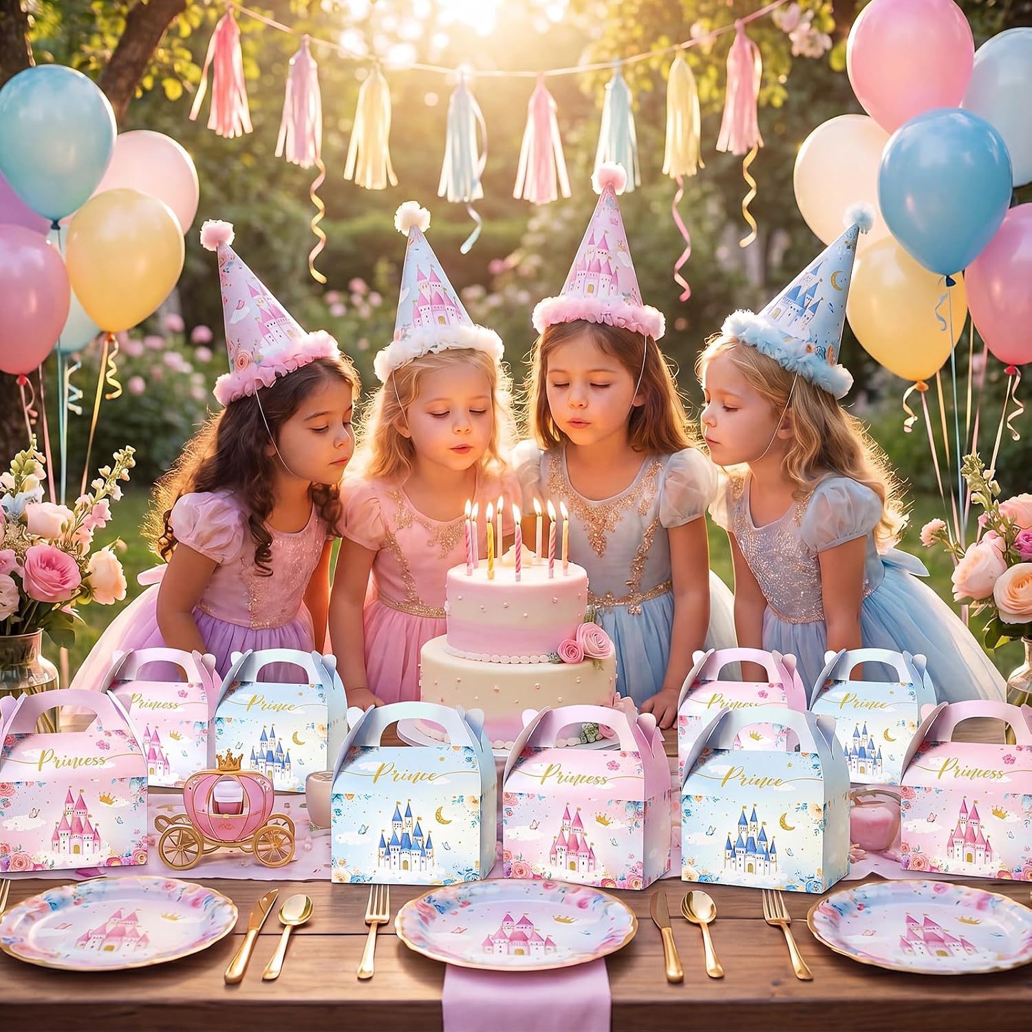 Nezyo 60 Pcs Princess and Prince Treat Boxes - Pink & Blue Crown Cardboard Goodie Boxes for Birthday Party Favors (Prince and Princess)
