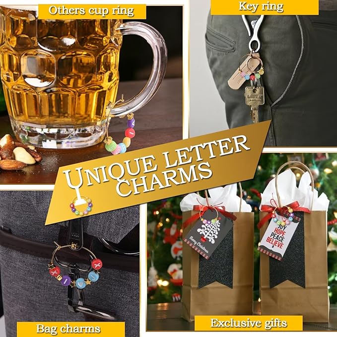 60 Sets DIY Wine Glass Charms – 780 Letter Beads 120 Gold Beads 60 Charm Rings 2 Tweezers, Drink Identifier Charms Wine Glass Marker Tags for Wedding Cocktail Bachelorette Party Decoration (Colorful)