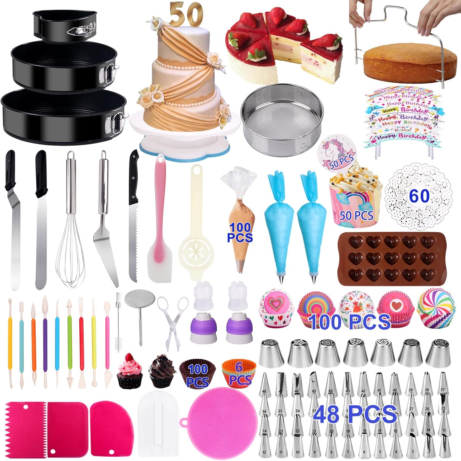Cake Decorating Kits 567 PCS Baking Set with Springform Pans Set, Rotating Turntable, Decorating Tools, Cake Baking Supplies for Beginners and Cake Lovers (567 PCS Cake Decorating Kits)